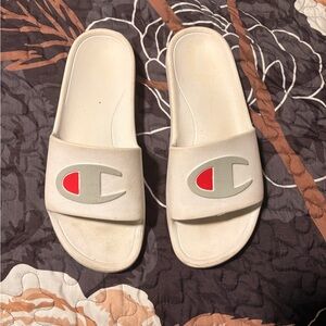 Champion Cream Slides with Red Accent